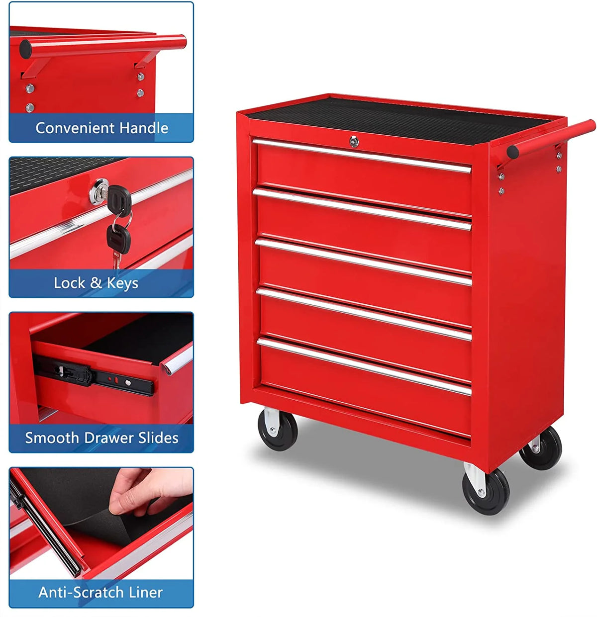 2026 TUFFIOM 5-Drawer Rolling Tool Chest with Lock & Key, Tool Storage Organizer Box Cabinet with Wheels