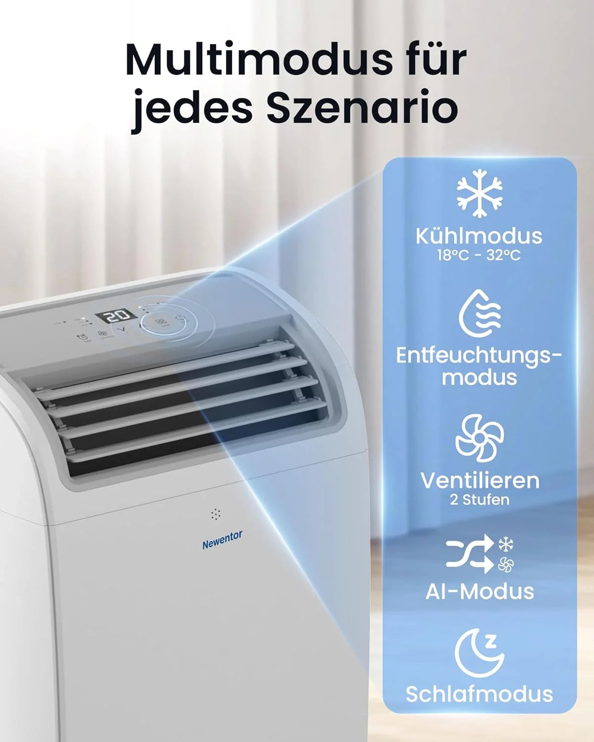 Aire acondicionado móvil Newentor 2026 de 14000 BTU, aire acondicionado portátil con manguera de escape para habitaciones de hasta 50 m², refrigeración/deshumidificación/ventilación con control remoto.
