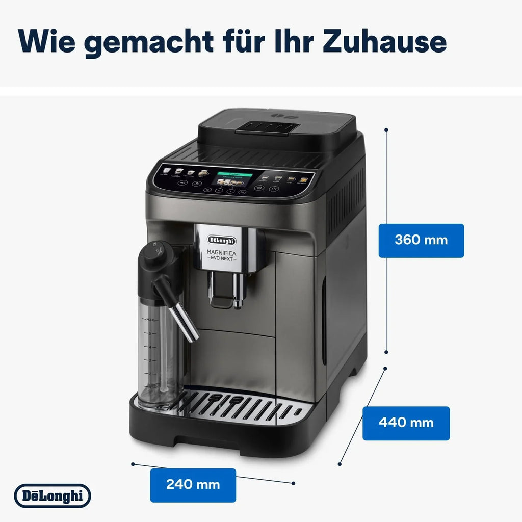 Cafetera automática De'Longhi Magnifica Evo ECAM 292.81.B (modelo 2026) con sistema de leche LatteCrema, 7 botones de selección directa para capuchino, espresso y otras especialidades de café, función para 2 tazas, color negro.