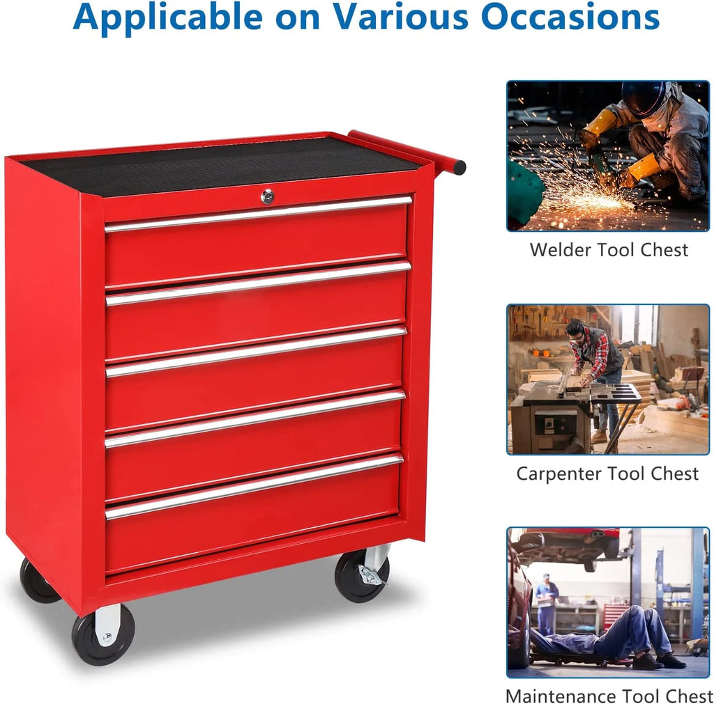 2026 TUFFIOM 5-Drawer Rolling Tool Chest with Lock & Key, Tool Storage Organizer Box Cabinet with Wheels