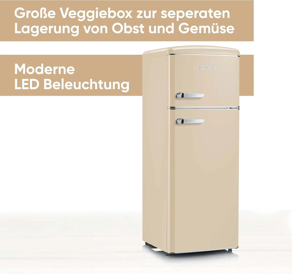 SEVERIN Retro 2026 – Combinación de frigorífico y congelador, una maravilla que ahorra espacio, 4 estantes regulables en altura y un amplio cajón para verduras, capacidad neta de 206 L, color crema, RKG 8933