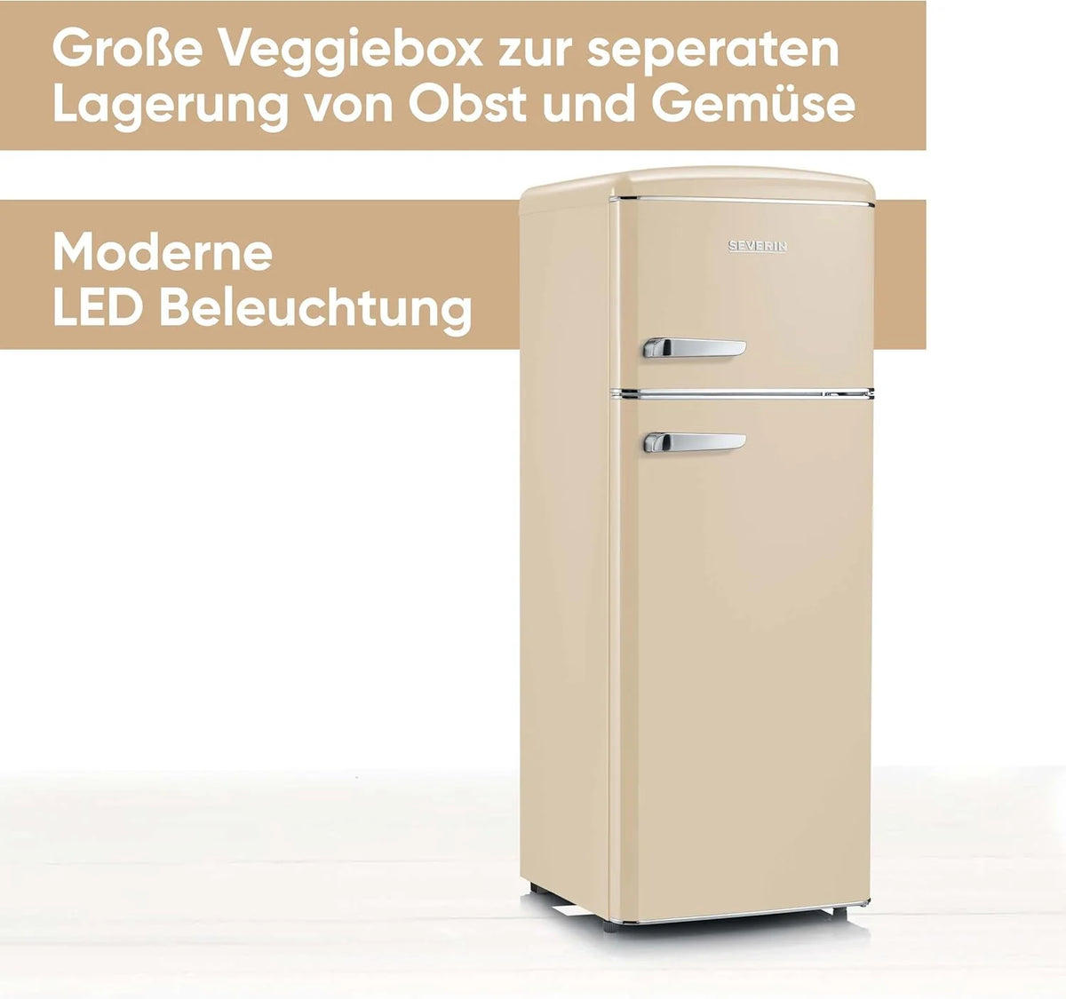 SEVERIN Retro 2026 – Combinación de frigorífico y congelador, una maravilla que ahorra espacio, 4 estantes regulables en altura y un amplio cajón para verduras, capacidad neta de 206 L, color crema, RKG 8933