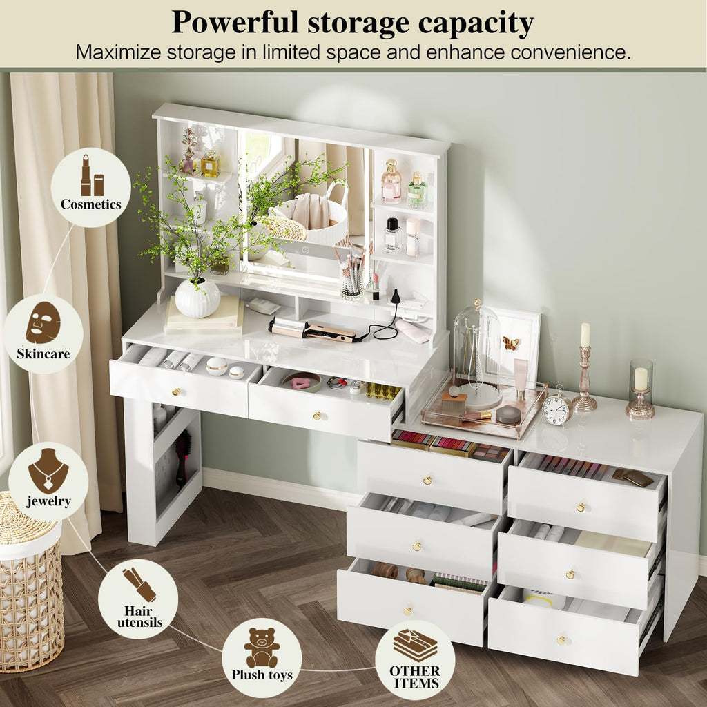 2026 Makeup Vanity Desk with Mirror and Lights, Vanity Desk with 8 Drawers & Storage Shelves, Vanity Table with Power Outlet, 3 Color Modes & Adjustable Brightness Dressing Table, Bedroom, White