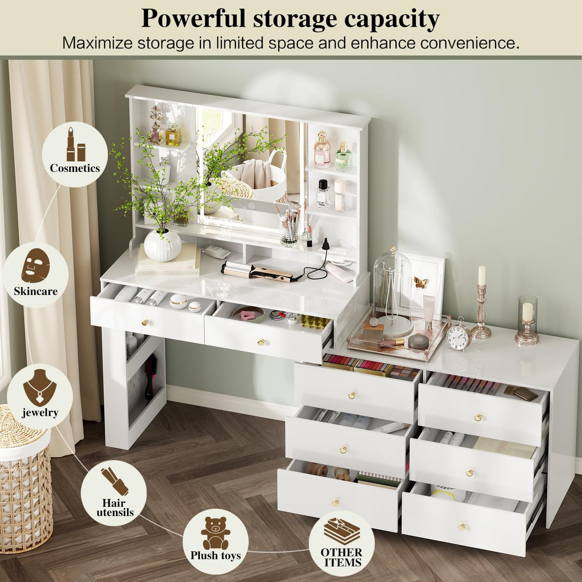 2026 Makeup Vanity Desk with Mirror and Lights, Vanity Desk with 8 Drawers & Storage Shelves, Vanity Table with Power Outlet, 3 Color Modes & Adjustable Brightness Dressing Table, Bedroom, White