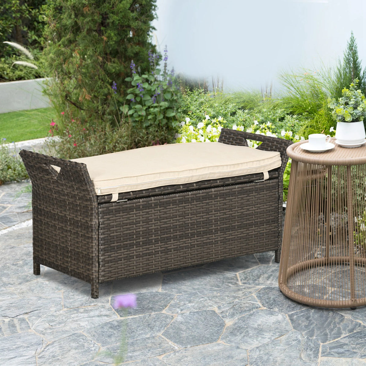 2026 DUOSONG Outsunny 27 Gallon Patio Wicker Storage Bench, Outdoor Pe Rattan Patio Furniture, 2-In-1 Large Capacity Rectangle Garden Storage Box With Handles And Cushion, Cream White Brown+White Steel