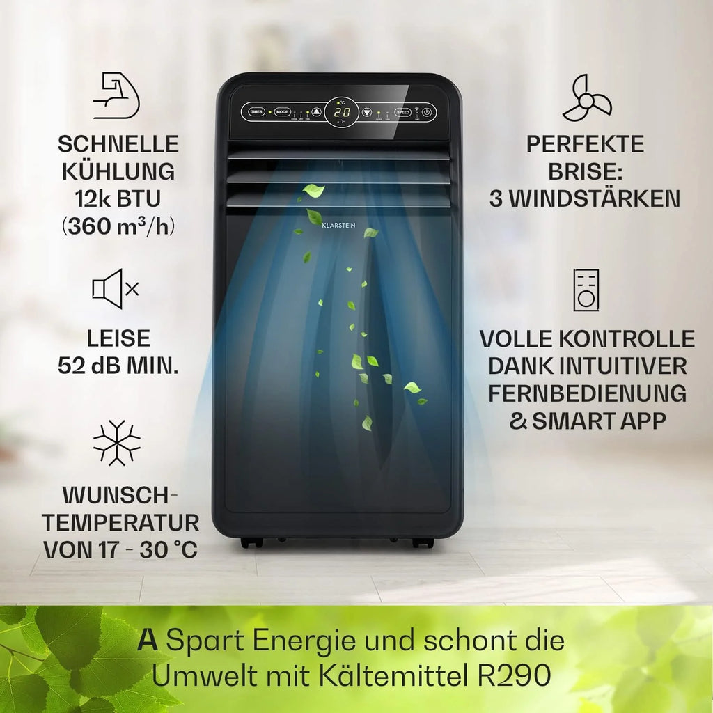Aire acondicionado móvil Klarstein 2026 con manguera de escape, aire acondicionado 4 en 1 con ventilador, deshumidificador y modo nocturno, aire acondicionado pequeño y portátil para el hogar y la oficina, bajo consumo de energía, 9000 BTU.
