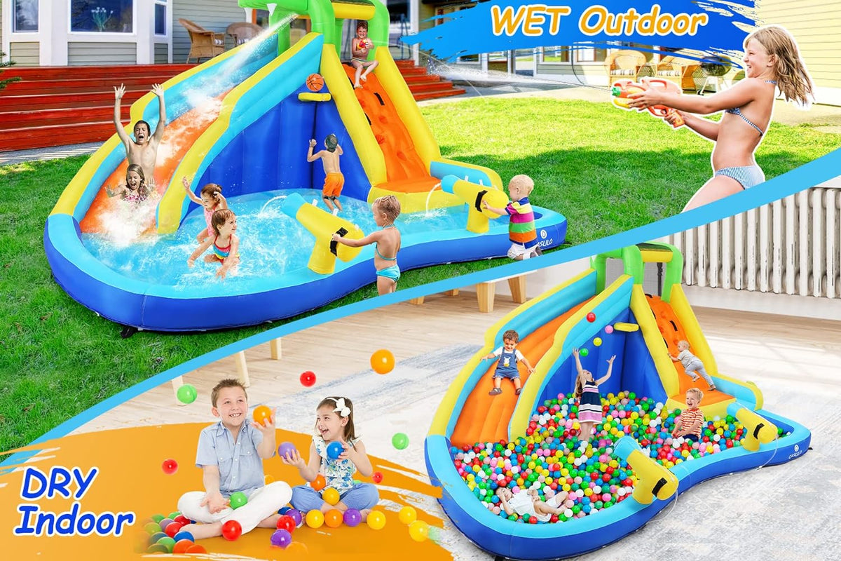 2026 Inflatable Water Slides for Kids 8-in-1 Bounce House Water Park with 450W Blower Climbing Wall, Splash Pool, 2 Water Cannons, Basketball Hoop, Water Slide, Crocodile Sprinkler for Gift Backyard Party