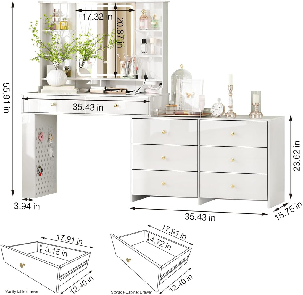 2026 Makeup Vanity Desk with Mirror and Lights, Vanity Desk with 8 Drawers & Storage Shelves, Vanity Table with Power Outlet, 3 Color Modes & Adjustable Brightness Dressing Table, Bedroom, White