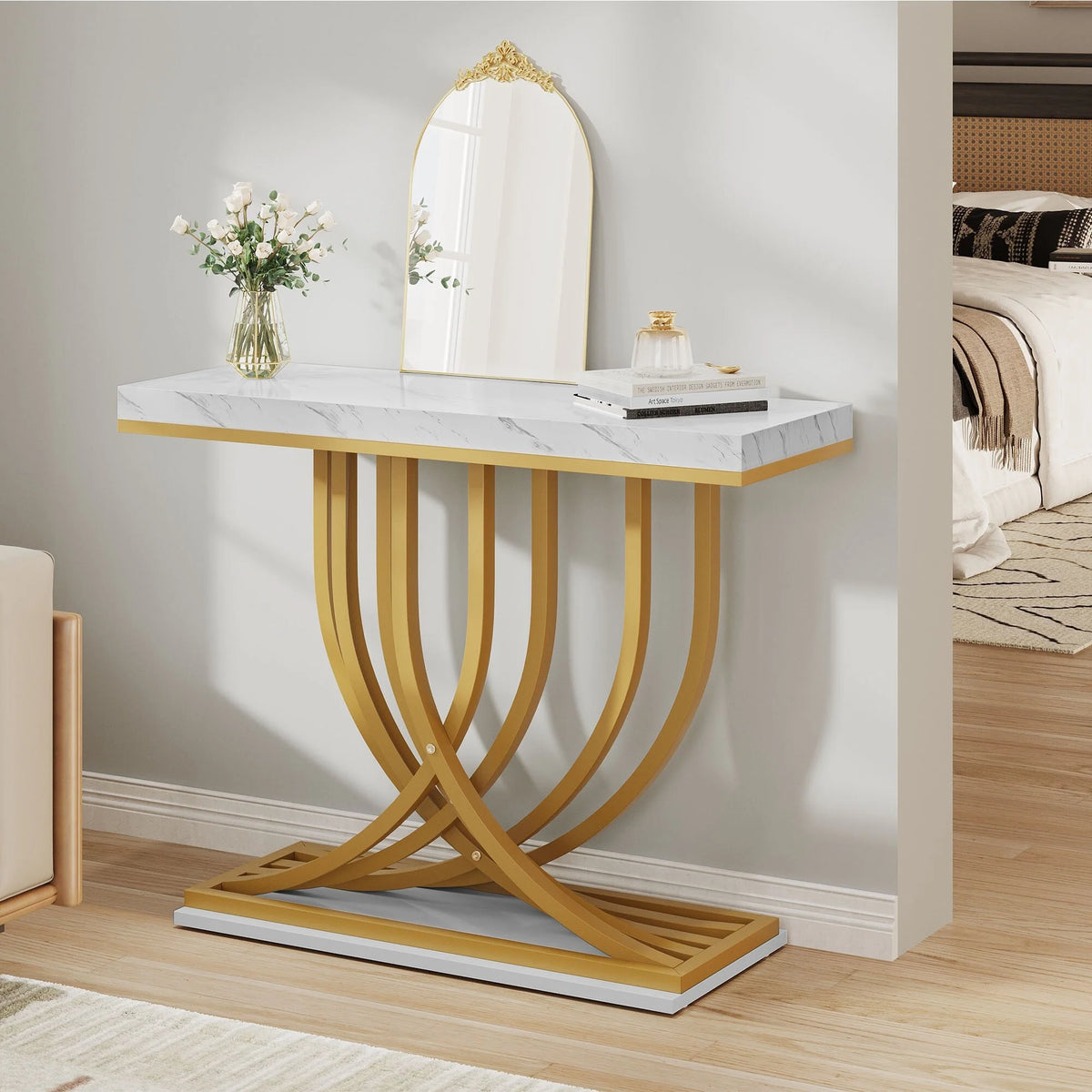 2026 Modern Gold Console Table with Marbled Top, Sofa Table for Entryway and Hallway