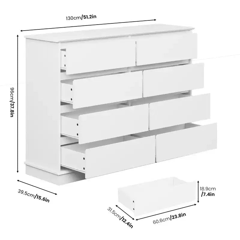 2026 Cómoda horizontal de 8 cajones – 130 cm de ancho, MDF resistente a los arañazos, cajones con acabado de lino sintético.