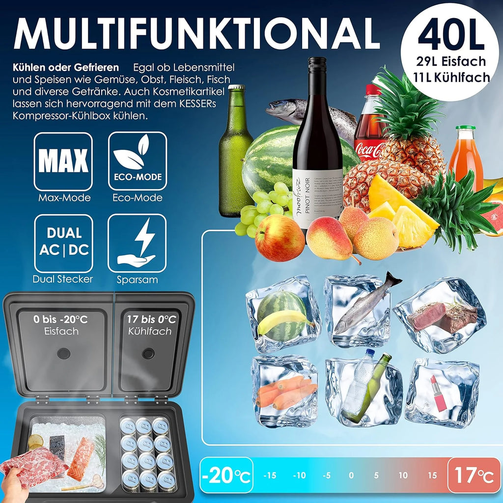 Nevera portátil KESSER 2026 con compresor, 2 en 1, doble zona de refrigeración y congelación, con congelador eléctrico, 2 acumuladores de frío y control táctil LED | Refrigerador con capacidad de enfriamiento hasta – 20 °C para camping, coche y