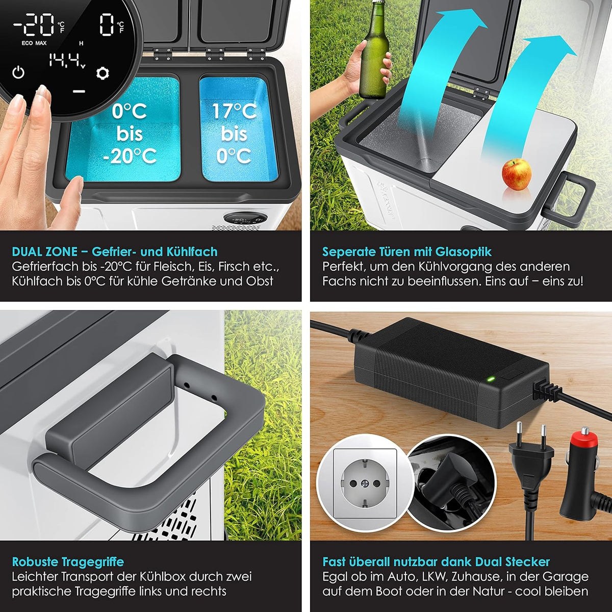 Nevera portátil KESSER 2026 con compresor, 2 en 1, doble zona de refrigeración y congelación, con congelador eléctrico, 2 acumuladores de frío y control táctil LED | Refrigerador con capacidad de enfriamiento hasta – 20 °C para camping, coche y